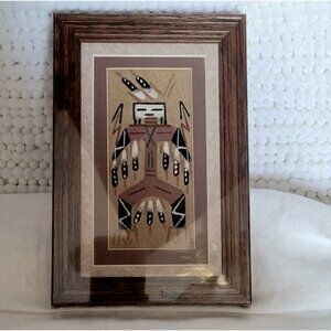 Authentic Navajo Sand Painting Signed Thunder Bird framed 9" x 6" wrapped plasti
